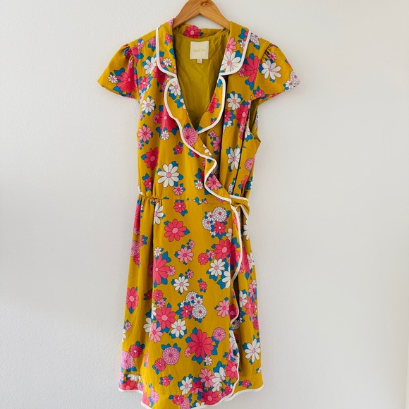 ModCloth Retro Daytime Dapper Mustard Yellow Floral Wrap Dress - Picture 2 of 6